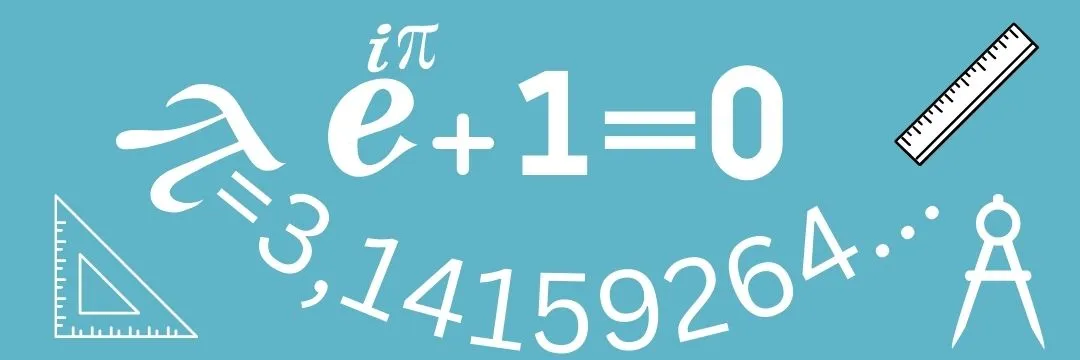 Illustration de formules mathématiques incluant π, e et l’équation eᶦπ + 1 = 0 avec des outils de géométrie comme une règle, une équerre et un compas sur fond bleu.