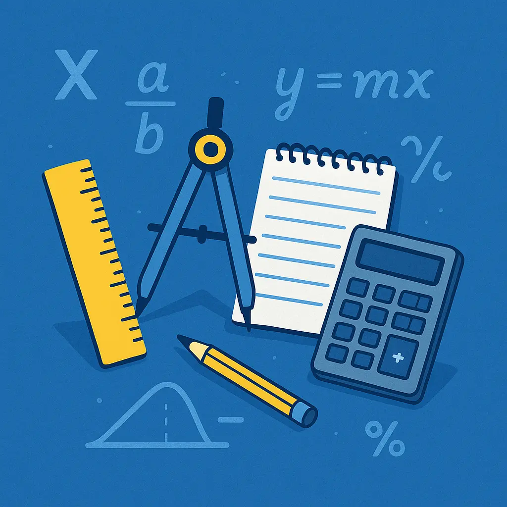 Illustration pédagogique montrant une calculatrice, un compas, une règle et un cahier avec formule mathématique sur fond bleu.